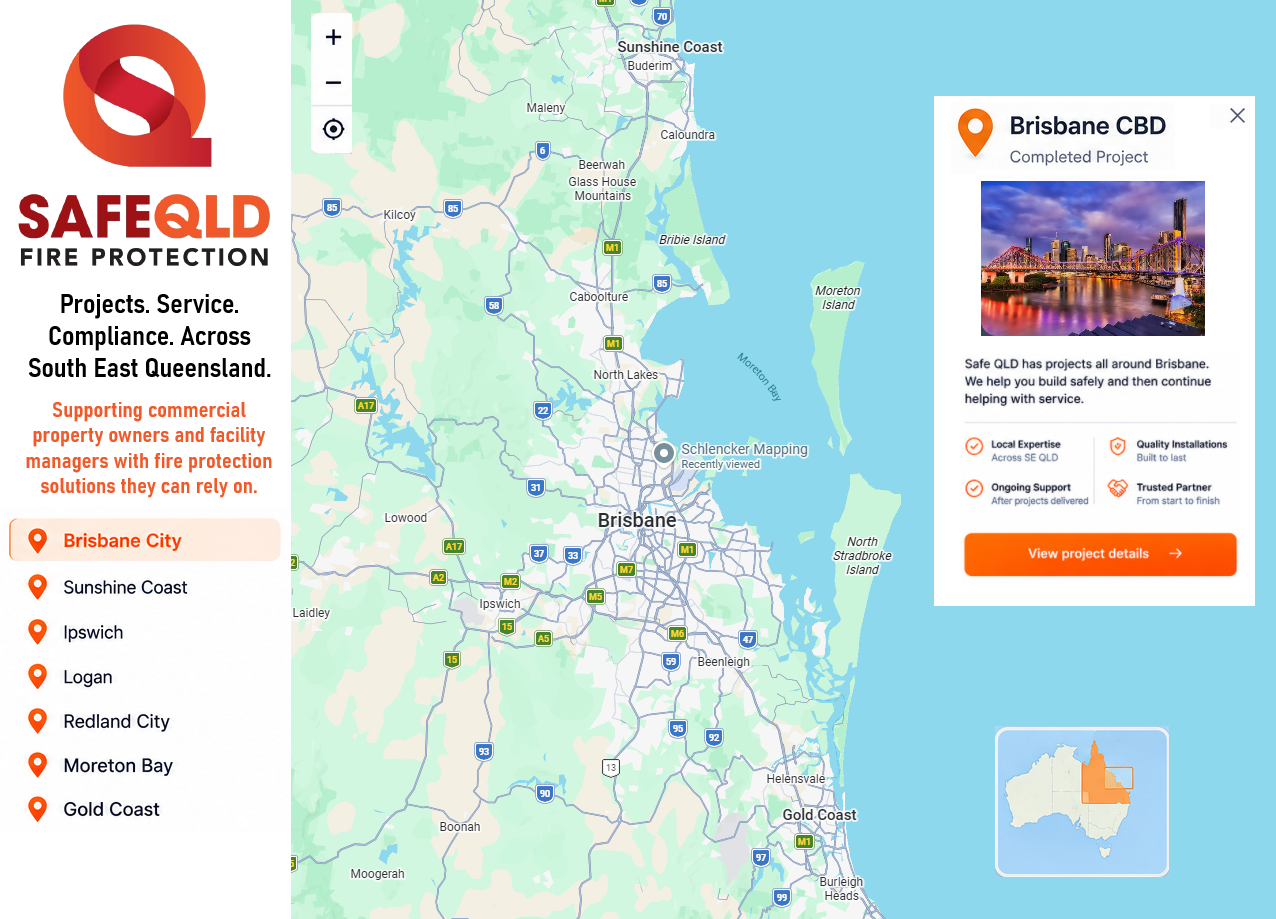 Safe QLD Fire Protection service area map covering South East Queensland