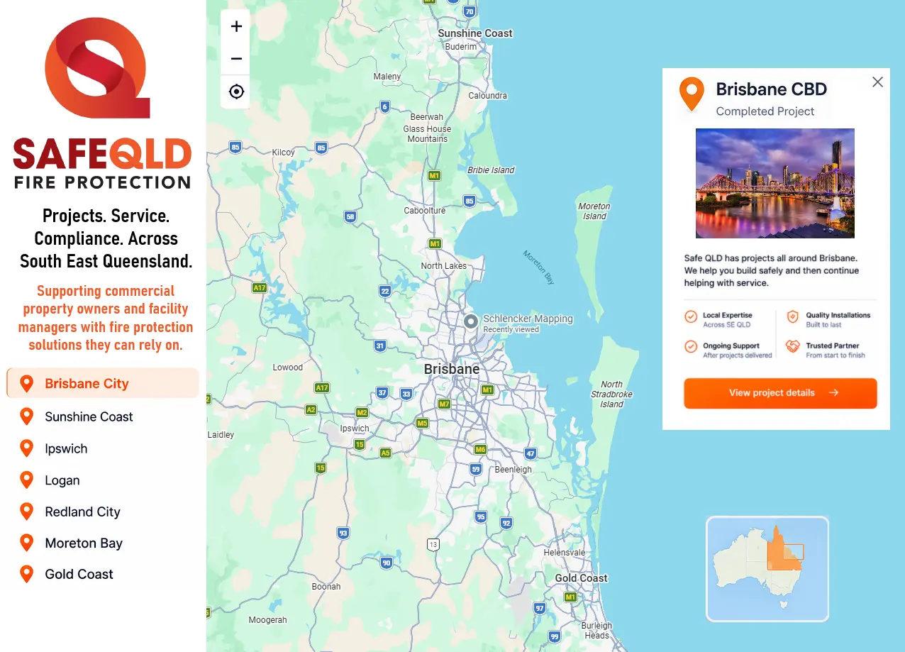 Safe QLD Fire Protection service area map covering South East Queensland
