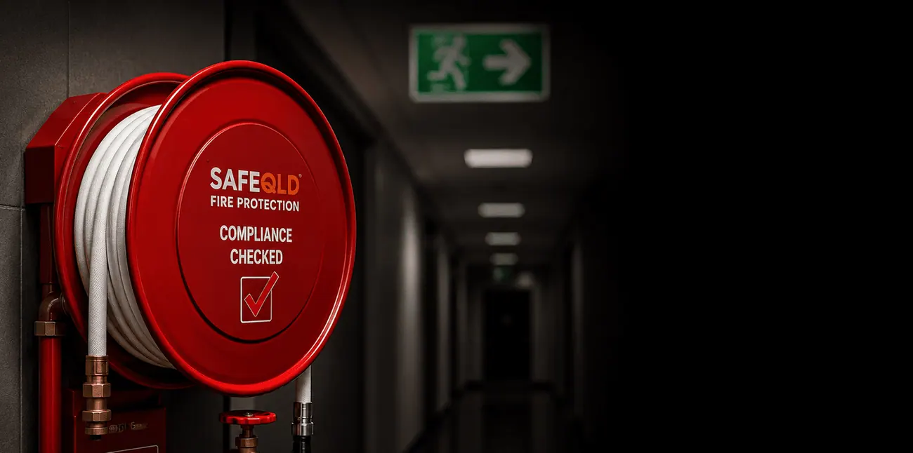 Fire hose reel of the type inspected six-monthly by Safe QLD under AS 1851-2012