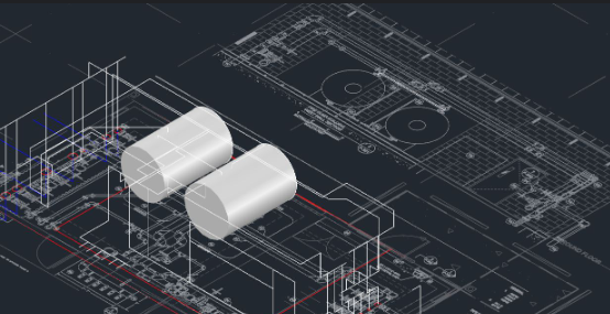 3D CAD blueprint of a building with fire tanks and pipework designed by Safe QLD